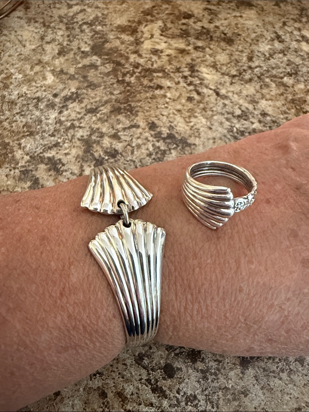 Sterling Silver Vintage Spoon Shell-Inspired Bracelet and  spoon Ring Set